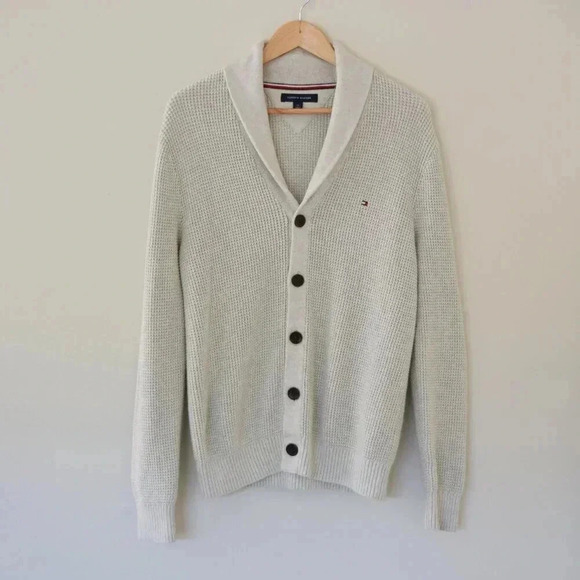 TOMMY HILFIGER Knitted Button Down Cardigan Sweater Cream Size Large - Picture 1 of 5